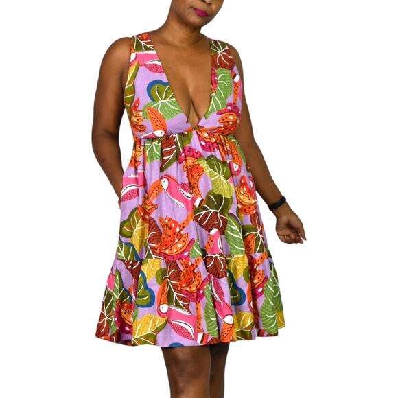 House of Harlow Tropical Print Linen Dress Purple Toucan Open Back Halter XS - Picture 1 of 15